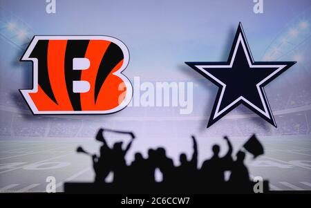 Cincinnati Bengals vs. Dallas Cowboys. Supporto dei fan su NFL Game. Silhouette di tifosi, grande schermo con due rivali in background. Foto Stock