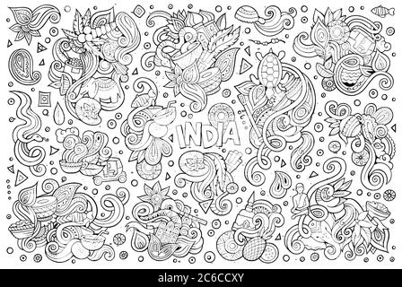 Vettore doodle cartoon set di disegni indiani Illustrazione Vettoriale