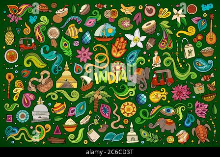 Cartoni animati vettoriali doodle di oggetti e simboli indiani Illustrazione Vettoriale