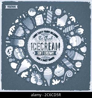 Set di oggetti, simboli e oggetti di doodle cartoni animati gelato Illustrazione Vettoriale