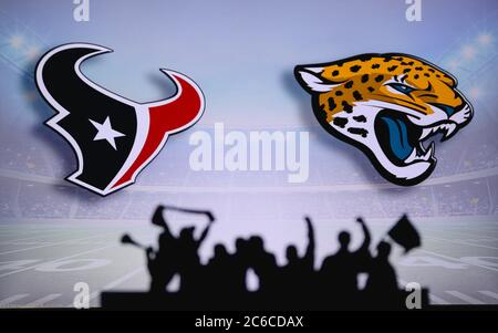 Houston Texans vs Jacksonville Jaguar. Supporto dei fan su NFL Game. Silhouette di tifosi, grande schermo con due rivali in background. Foto Stock