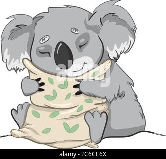 Il vettore dell'orso Koala sta dormendo con un cuscino. Modello di foglie di eucalipto. Stampa per pajama, cuscino, camicita da notte. Illustrazione Vettoriale