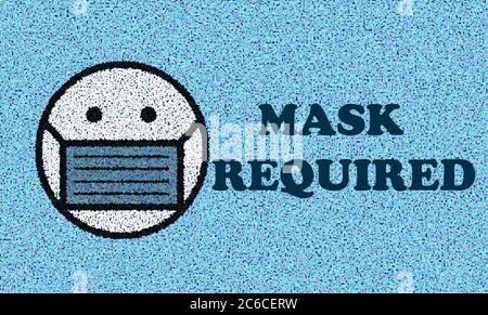 Maschera per il viso da indossare con emoticon, lettura del testo "Mask required", concetto di sicurezza pubblica, Coronavirus, influenza, dispositivi di protezione individuale, DPI Foto Stock