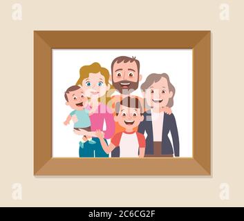 Foto incorniciata in famiglia. Ritratto dei familiari che si levano in piedi insieme. Madre, padre, nonna e figli. Illustrazione vettoriale in stile cartoon. Illustrazione Vettoriale