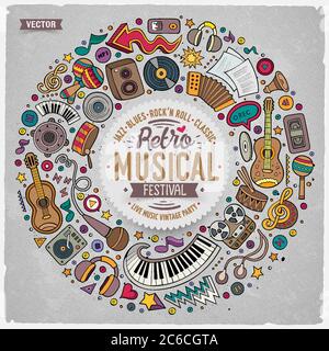 Insieme di oggetti, simboli e oggetti di doodle cartoni musicali Illustrazione Vettoriale