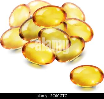 Capsula d'olio oro bolla ovale isolata su sfondo bianco. Vitamina cosmetica e, A, Omega 3. Modello di icona di pillola di gel di antibiotico per fegato, pesce. Illustrazione Vettoriale