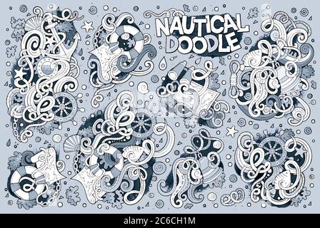 Insieme di oggetti marini, nautici e simboli Illustrazione Vettoriale