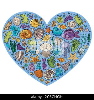 Set colorato di oggetti di vita marina Illustrazione Vettoriale