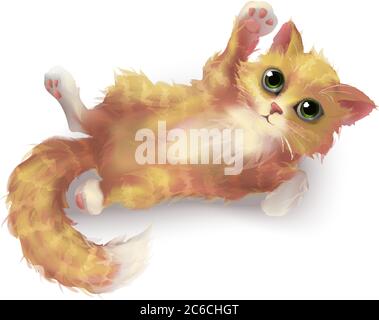 Ginger bianco gattino a strisce in vettore 3d realistico, isolato su sfondo bianco. Carattere gatto soffice. Illustrazione Vettoriale