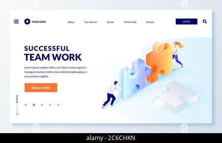 Collaborazione e cooperazione per raggiungere gli obiettivi aziendali. Lavoro di squadra di successo, concetto di strategia di partnership. Personaggi uomini e donne con grande puzzle Illustrazione Vettoriale