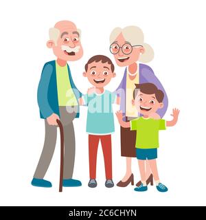 Ritratto di nonni e due nipoti. Buon concetto di giorno dei nonni. Illustrazione vettoriale in stile cartoon, isolata su sfondo bianco. Illustrazione Vettoriale
