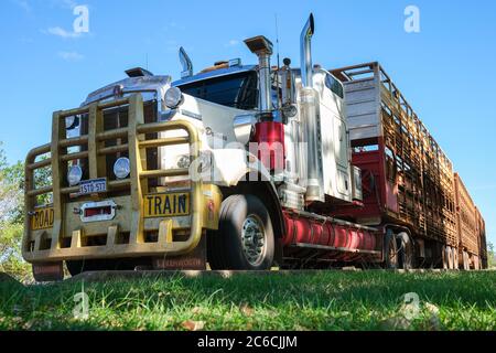 Un camion del treno di Kenworth Road parcheggiato sul lato della strada nel territorio del Nord dell'Australia. Foto Stock