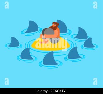 Uomo su isola deserta e squali. Illustrazione vettoriale Illustrazione Vettoriale