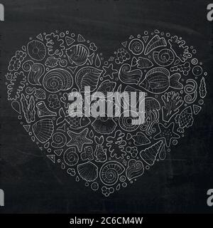 Set di oggetti per la vita marina in lavagna Illustrazione Vettoriale