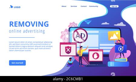 Landing page del concetto di software di blocco degli annunci. Illustrazione Vettoriale