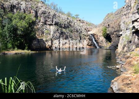 I turisti nuotano alle famose cascate di Maguk (Barramundi Gorge) e alla piscina per tuffarsi, al Parco Nazionale di Kakadu, al territorio del Nord, NT, Australia
