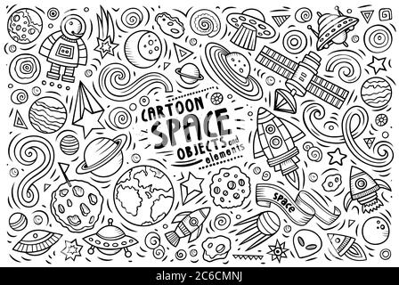 Doodle cartoon insieme di OGGETTI TEMA SPAZIO e simboli Illustrazione Vettoriale