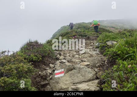 Segno turistico su pietra, dipinto in bianco e rosso che guida la strada per la montagna escursionistica. Escursionisti turistici con zaino Foto Stock