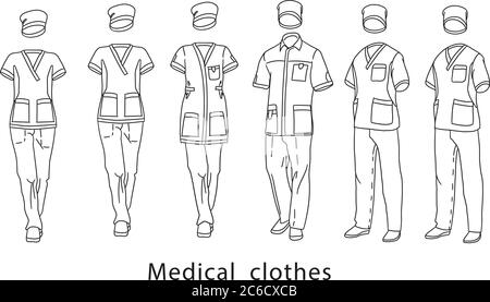 Set abiti medici per l'uomo e la donna consiste di una giacca e pantaloni. Modello di disegno uniforme medica. Illustrazione vettoriale. Illustrazione Vettoriale