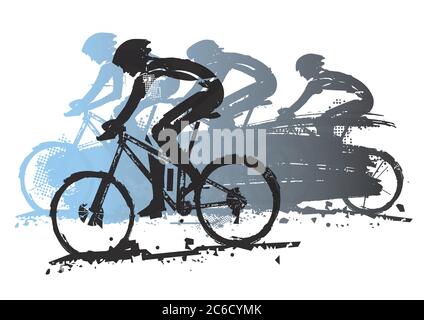 Mountain bike, competizione, viaggio. Grunge espressivo stilizzato illustrazione di quattro ciclisti su mountain bike. Vettore disponibile. Illustrazione Vettoriale