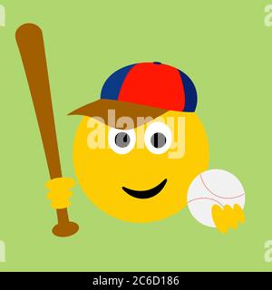 Emoji da baseball con cappello, bat e palla illustrazione su sfondo verde Foto Stock