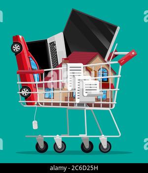 Carrello supermercato pieno isolato su sfondo verde. Carrello in metallo su ruote con costruzione di case, auto, computer portatile, tv e controllo della ricevuta. Illustrazione vettoriale in stile piatto Illustrazione Vettoriale