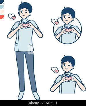 Un giovane infermiere con fare un simbolo del cuore con immagini a mano. È arte vettoriale, quindi è facile da modificare. Illustrazione Vettoriale