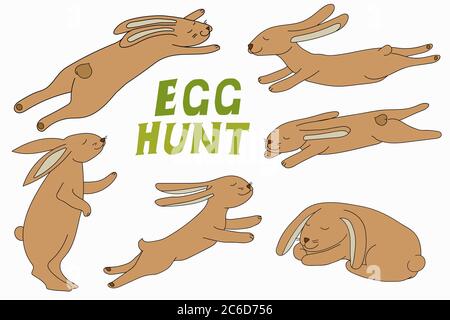 Set di coniglietti pasquali che saltano, in piedi, dormono. Tema di primavera festivo. Può essere utilizzato per creare modelli, biglietti d'auguri, striscioni, volantini. Caccia all'uovo. Cu Illustrazione Vettoriale