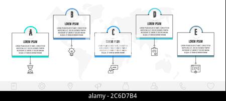Modello infografico a linee sottili con 5 passaggi, etichette. Infografiche moderne di concept aziendali con cerchi per diagrammi, layout del flusso di lavoro, presentazioni Illustrazione Vettoriale