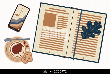 Composizione con una tazza di caffè, biscotti, un libro, uno smartphone e una piacevole musica di lettura. Erbario, foglie essiccate. L'illustrazione è isolata su un Illustrazione Vettoriale