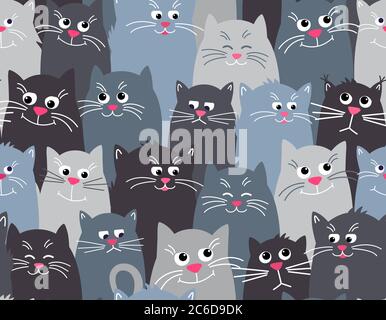 Cute gatti grigio senza cuciture motivo sfondo. Diversi volti di gatti, divertenti, tristi, sonnolenti. Illustrazione vettoriale in stile piatto. Illustrazione Vettoriale
