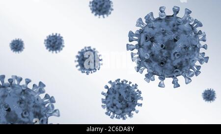 Coronavirus COVID-19 illustrazione 3d, coronavirus influenza sfondo come casi di ceppo influenzale pericoloso come concetto di rischio per la salute medica pandemica Foto Stock