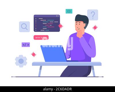Guy sviluppatore personaggio pensare lavoro su laptop creare codice di debug con stile cartoon piatto. Illustrazione Vettoriale