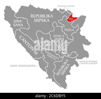 Brcko Distrikt rosso evidenziato nella mappa della Bosnia Erzegovina Foto Stock