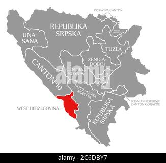 Il rosso dell'Erzegovina occidentale è evidenziato sulla mappa della Bosnia-Erzegovina Foto Stock
