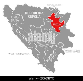 Tuzla rosso evidenziato nella mappa della Bosnia Erzegovina Foto Stock
