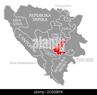 Sarajevo rosso evidenziato nella mappa della Bosnia Erzegovina Foto Stock