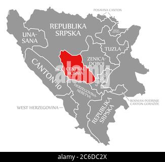 Bosnia centrale rosso evidenziato nella mappa della Bosnia Erzegovina Foto Stock