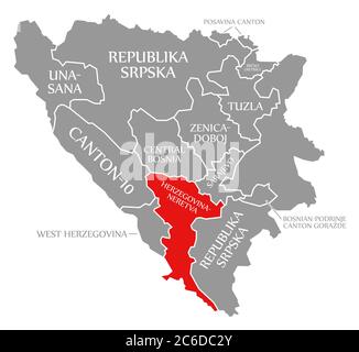 Erzegovina Neretva rosso evidenziato nella mappa della Bosnia Erzegovina Foto Stock