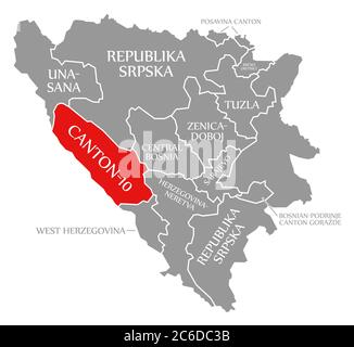 Cantone 10 rosso evidenziato nella mappa della Bosnia Erzegovina Foto Stock