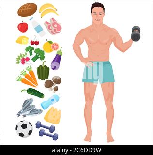 Bello sport uomo di salute. Illustrazione vettoriale con icone per l'infografica Lifestyle Illustrazione Vettoriale