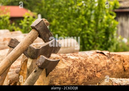 Vecchi assi arrugginiti bloccati in un blocco di pino. Strumenti Lumberjack. Lavorare in foresta. Preparazione del legno per il riscaldamento. Foto Stock
