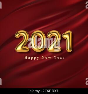 Palloncino 3D realistico con iscrizione dorata 2021 su sfondo rosso di seta. Il nuovo anno di testo metallizzato dorato per il design di banner. Modello dal tessuto di trama Illustrazione Vettoriale