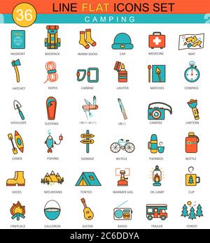 Set di icone della linea piatta del Campeggio vettore. Design moderno ed elegante per il web Illustrazione Vettoriale