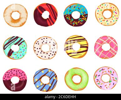 Set di torte di ciambelle di cartone animato isolato su sfondo bianco Illustrazione Vettoriale