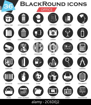 Gruppo di icone Vector Office Circle bianco nero. Design ultramomoderno per icone per il web Illustrazione Vettoriale