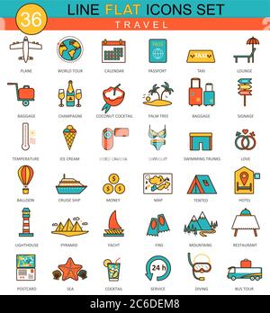 Set di icone della linea piatta del viaggio vettoriale. Design moderno ed elegante per il web Illustrazione Vettoriale