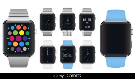 Set di orologi elettronici intelligenti sportivi e in alluminio con diversi quadranti di design isolati Illustrazione Vettoriale