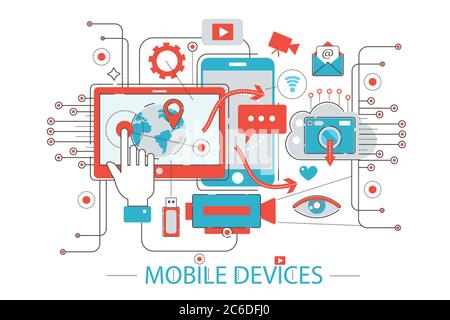 Tecnologia di design sottile e moderno Flat Thin Line dispositivi mobili e gadget concetto per banner web sito web, presentazione, volantino e poster Illustrazione Vettoriale