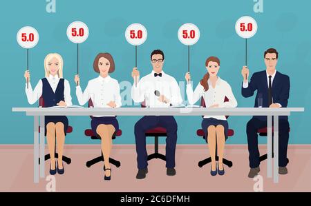 Gruppo di giudici della concorrenza professionisti che tengono tablet con stime Illustrazione Vettoriale